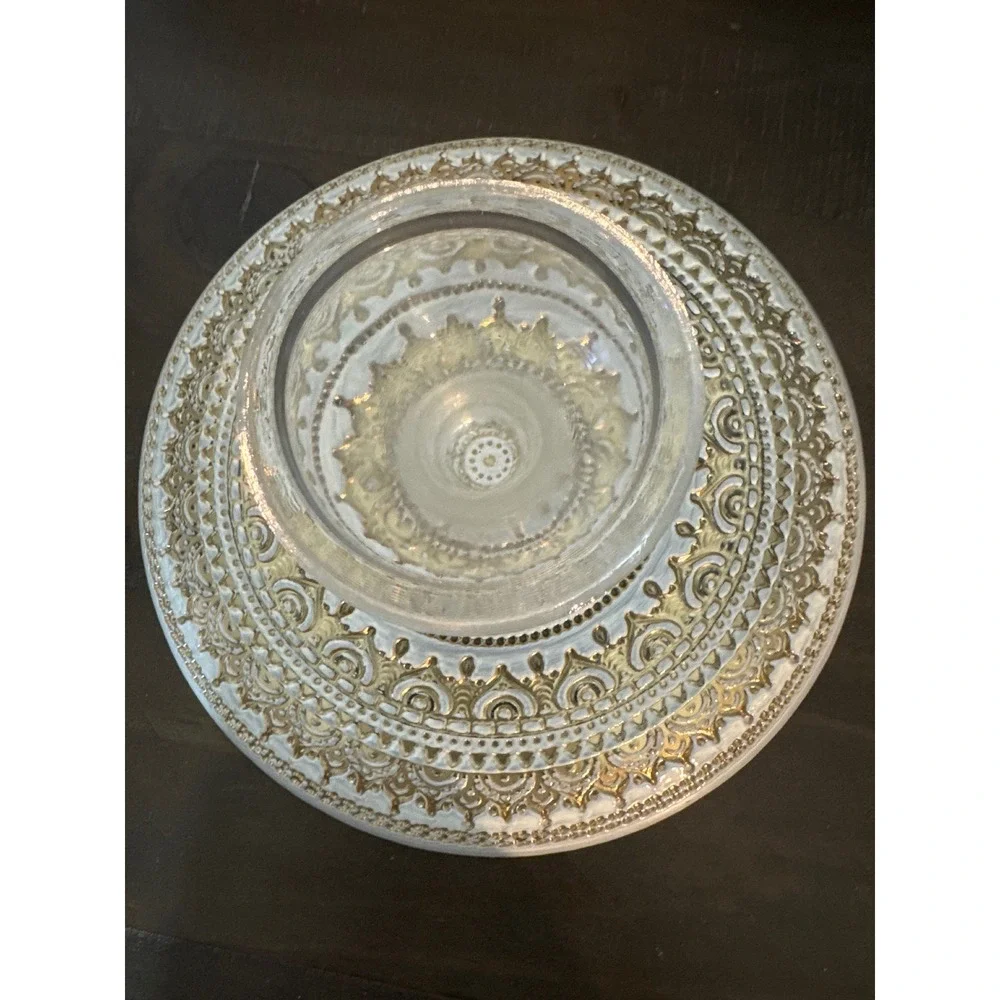 Gold Mandala Filigree Glass Cake Stand Round Clear Pedestal Dessert Plate 8in